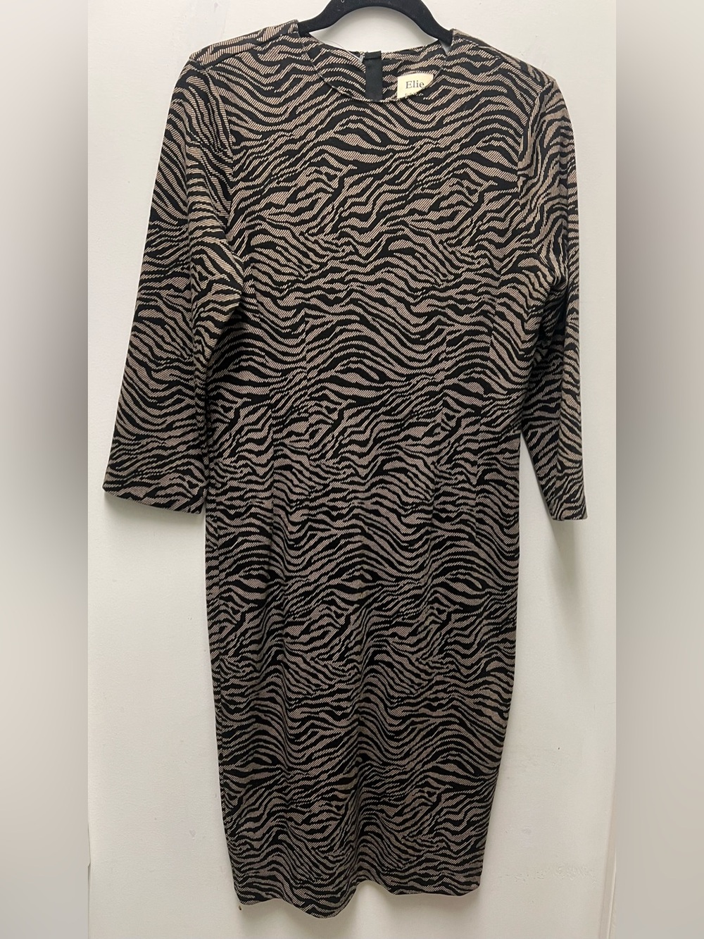 Elie Tahari Black and Taupe Zebra-Pattern Ponte Knit dress size10